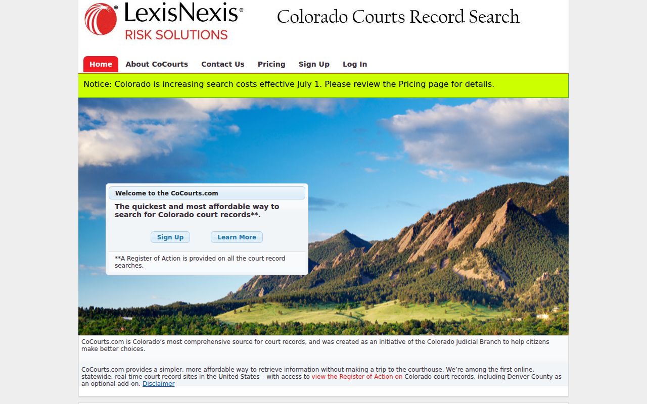 CoCourts authorized Colorado court record search page