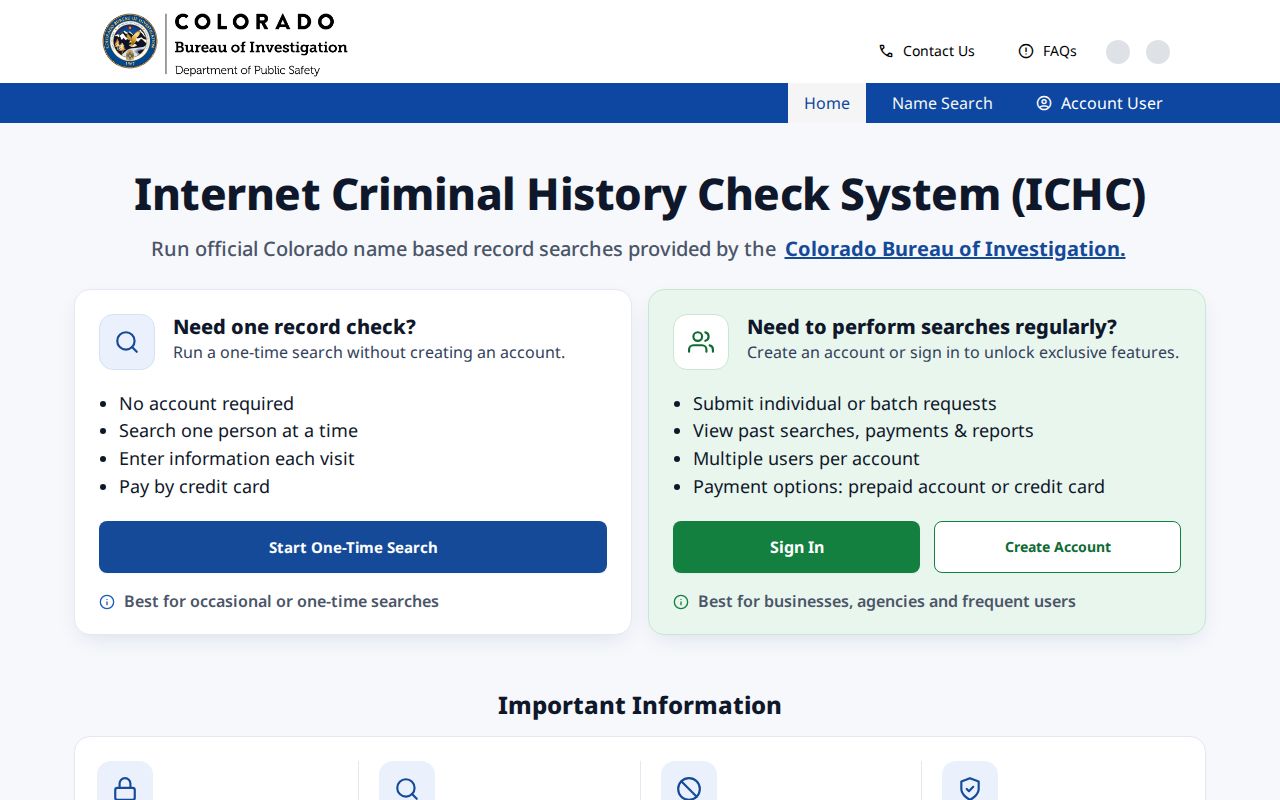 Rio Blanco County criminal history choices in the CBI ICHC portal